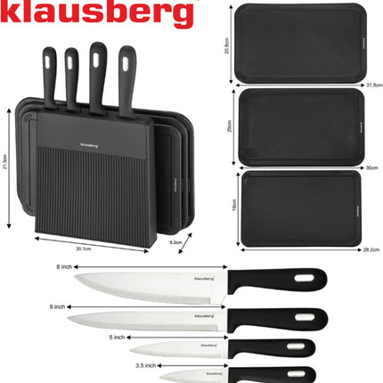 Klausberg KB-7980 8 Delig Keukenset - 4 Messen en 3 Snijplanken met Opbergstandaard - Compleet Snijset Zwart - Messenset - Messenblok - o.a. Koksmes , Vleesmes , 3 snijplanken