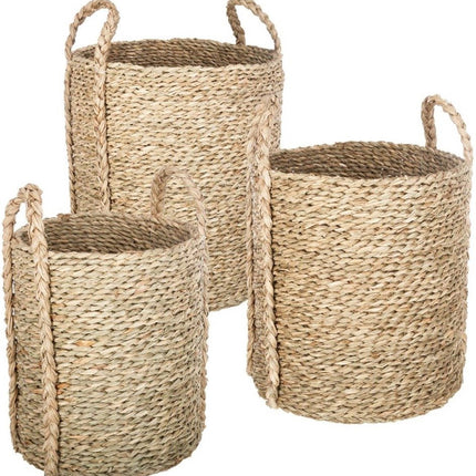 Ronde, hoge decoratieve manden met rieten handvatten, set van 3