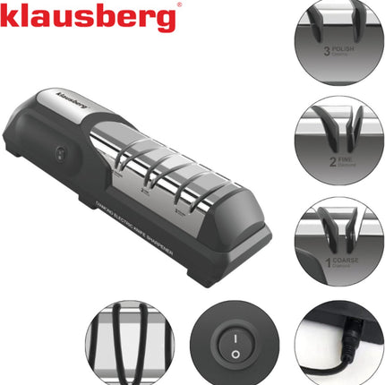 Klausberg Elektrisch Messenslijper - Diamant Slijpsteen - 3-Staps Slijpsysteem - Voor Keuken- en Sportmessen - KB-7945