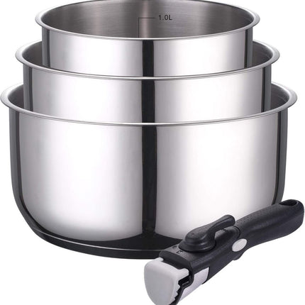 Set van 3 steelpannen 16/18/20 cm - RVS - afneembare handgreep - voor alle soorten fornuizen, ook inductie