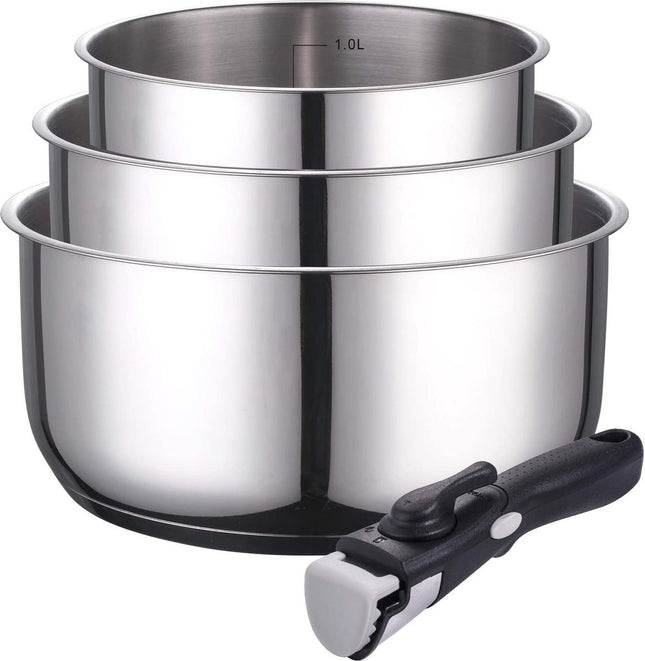 Set van 3 steelpannen 16/18/20 cm - RVS - afneembare handgreep - voor alle soorten fornuizen, ook inductie