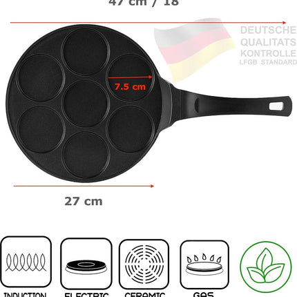 pannenkoekenpan Koekenpan met antiaanbaklaag van keramiek, 27 cm, voor mini-pannenkoeken, mini-pannenkoeken, mini-crêpe, braadeieren, 4 & 7 vormen, inductiebestendig (7 x 26)