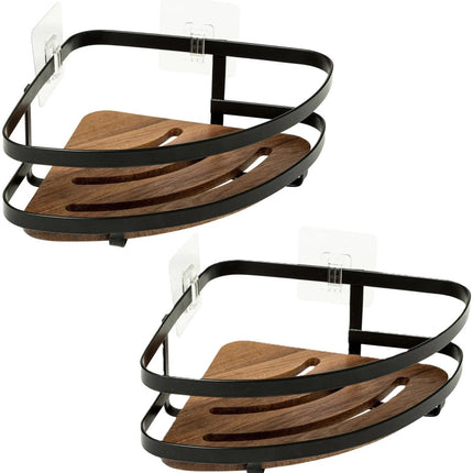 5Five Badkamer douche rekje organizer - 2x - zwart metaal/acacia hout - kleefstrip - 20 x 20 x 7 cm - hoek plaatsing