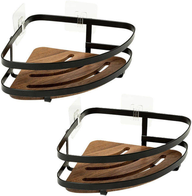 5Five Badkamer douche rekje organizer - 2x - zwart metaal/acacia hout - kleefstrip - 20 x 20 x 7 cm - hoek plaatsing