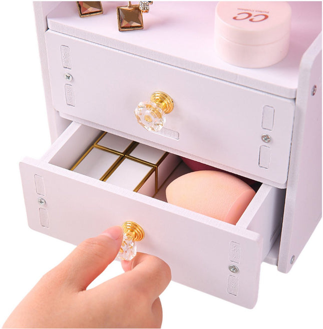 Mini Opmaaktafel met Spiegel en 2 Lades - Wit Houten Dressoir voor Sieraden en Make-up - Compact Opbergmeubel - Make up Spiegel - Make-up Organizer - Opmaakspiegel met Kattenoortjes