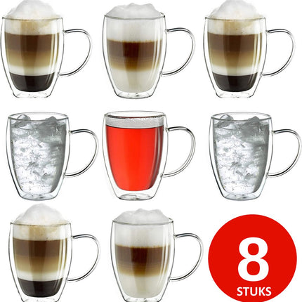 Hakal - Dubbelwandige glazen met oortje - set van 8 x 350 ml - Thermoglazen - Glazen voor thee, koffie, Latte Macchiato en cappuccino