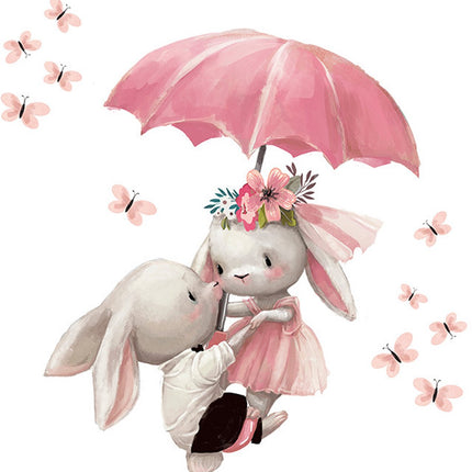 Wandsticker Konijntjes met Paraplu - Zelfklevende Muurdecoratie voor Kinderkamer - 64x62 cm - Schattige Konijnen Sticker voor Meisjeskamer en Babykamer - Muursticker