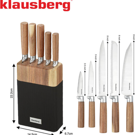 Klausberg KB-7981 6 Delig Messenset - 5 Messen met Acacia Houten Blok - Roestvrij Staal Zwart - Messenblok inclusief Messen - Natuurlijke Look - Koksmes - Broodmes -