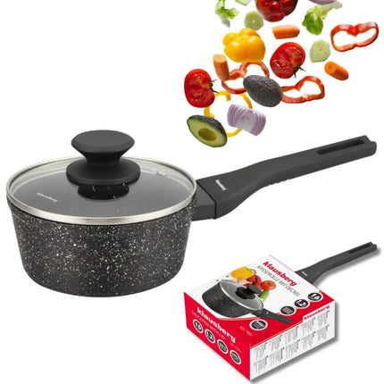 Klausberg KB-7986 Marmeren Steelpan 16 cm met Glazen Deksel – Anti-aanbak, Inductiegeschikt, 1.2 Liter