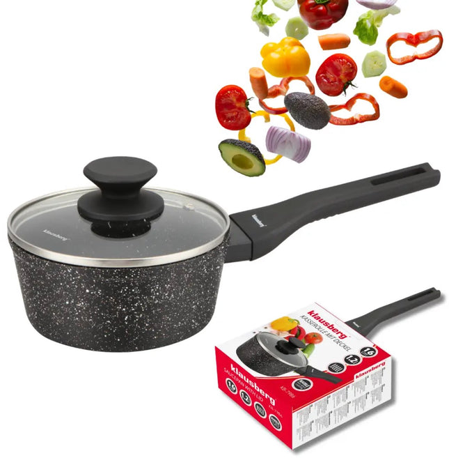 Klausberg KB-7986 Marmeren Steelpan 16 cm met Glazen Deksel – Anti-aanbak, Inductiegeschikt, 1.2 Liter
