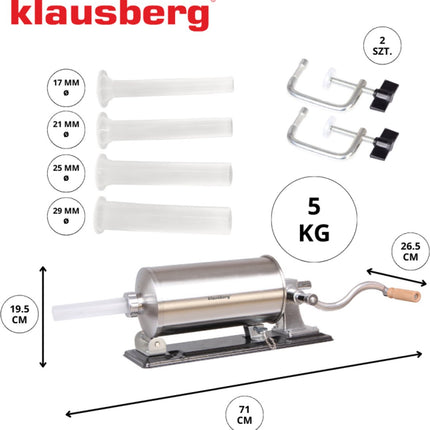 Klausberg KB-7929 Horizontale Worstvuller | 5 kg Capaciteit | RVS | Professioneel | Met Klemmen en Zuiger | Worstmaker | Vleesvuller