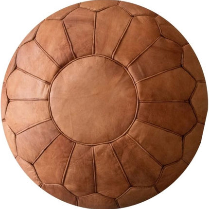 | Marokkaanse Leren Poef | Cognac bruin | Rond | Ø60 | H 35cm | Handgemaakt | Gevuld geleverd |