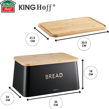 KINGHOFF Broodtrommel 2 in 1 - Zwart - 35x23x18 cm - Met Bamboe Dekblad - Hygienisch & Eenvoudig Schoonmaken - Kan als Snijplank Gebruikt Worden
