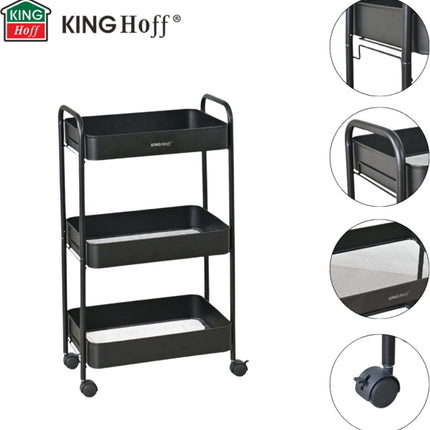 Kinghoff KH-1941 Mobiele 3-delige Stellingkar - Verrijdbare Opbergkar voor Keuken, Badkamer & Kantoor - Zwart - Keukenorganizer - Badkamerorganizer