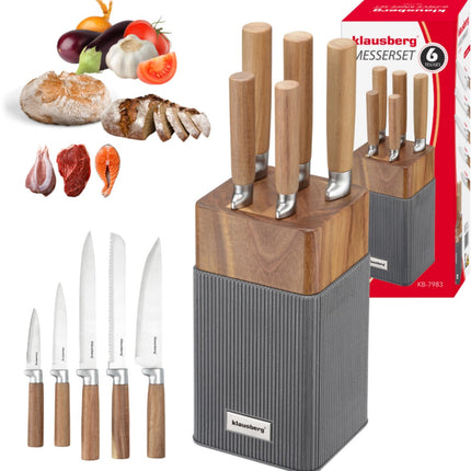 Klausberg KB-7983 6 Delig Messenset - 5 Messen met Acacia Houten Messenblok - Roestvrij Staal Keukenmessen Zwart - o.a. Broodmes , Vleesmes , Koksmes , Groentemes en Messenblok