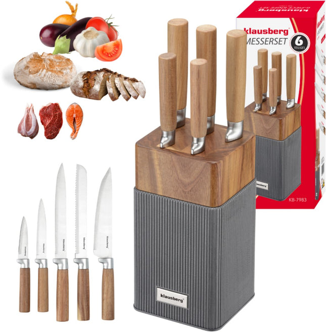 Klausberg KB-7983 6 Delig Messenset - 5 Messen met Acacia Houten Messenblok - Roestvrij Staal Keukenmessen Zwart - o.a. Broodmes , Vleesmes , Koksmes , Groentemes en Messenblok