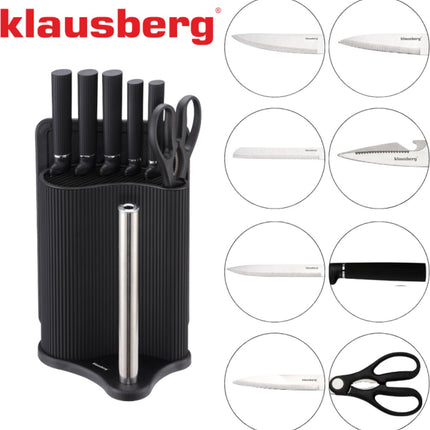 Klausberg KB-7977 8 Delig Keukenset - Messenset met Snijplank en Papierrolhouder - Zwart Roestvrij Staal - Messenblok - o.a. Koksmes, Broodmes, Snijplank, Keukenset