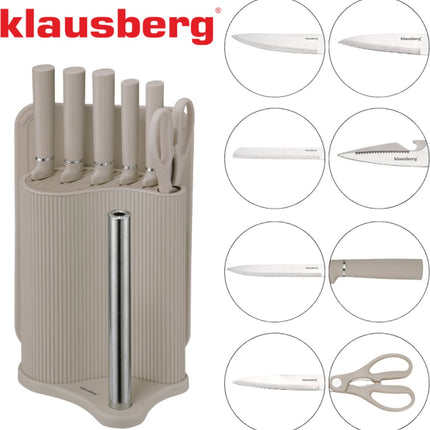Klausberg KB-7978 8 Delig Keukenset - Messenset met Snijplank en Papierrolhouder - Beige Roestvrij Staal