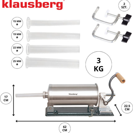 Klausberg KB-7928 Horizontale Worstvuller | 3 kg Capaciteit | RVS | Met Klemmen en Zuiger | Vleesvuller | Worstmaker