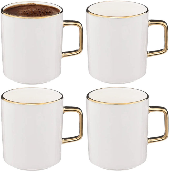 Secret de Gourmet Koffiemokken Athena - 4x stuks - Keramiek - wit/goud - 350 ml - 8 x 9 cm