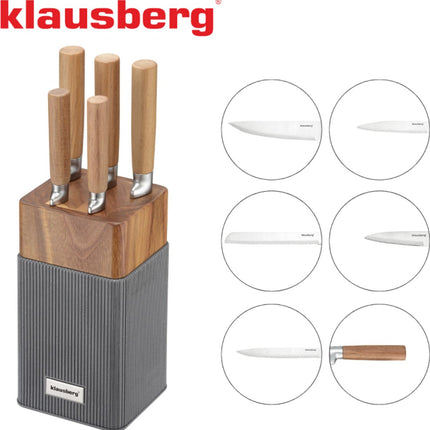 Klausberg KB-7983 6 Delig Messenset - 5 Messen met Acacia Houten Messenblok - Roestvrij Staal Keukenmessen Zwart - o.a. Broodmes , Vleesmes , Koksmes , Groentemes en Messenblok