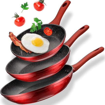 Royalty Line® FM3 Pannenset Inductie - 3 Delig Koekenpannenset Ø 20/24/28 cm - Koekenpan Voor Alle Warmtebronnen - Pannen Met Antiaanbaklaag - Rood