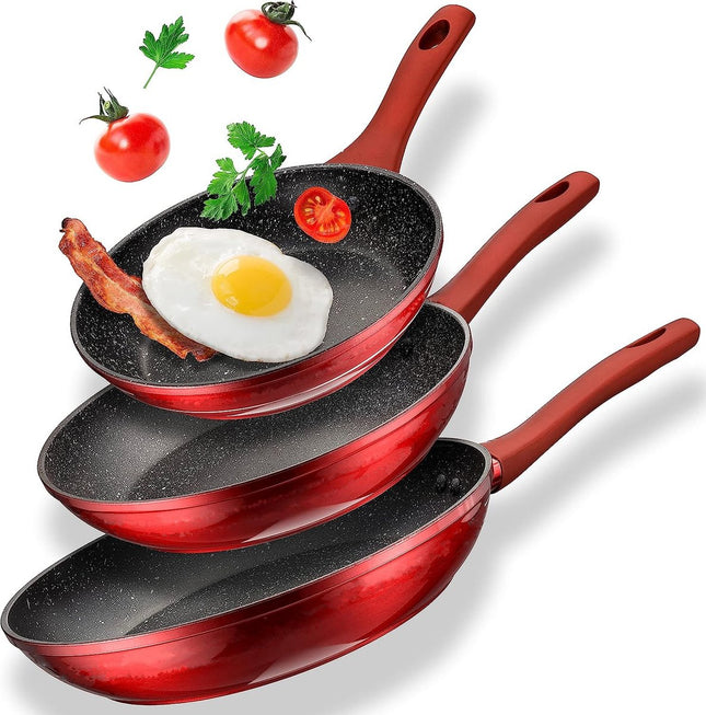 Royalty Line® FM3 Pannenset Inductie - 3 Delig Koekenpannenset Ø 20/24/28 cm - Koekenpan Voor Alle Warmtebronnen - Pannen Met Antiaanbaklaag - Rood