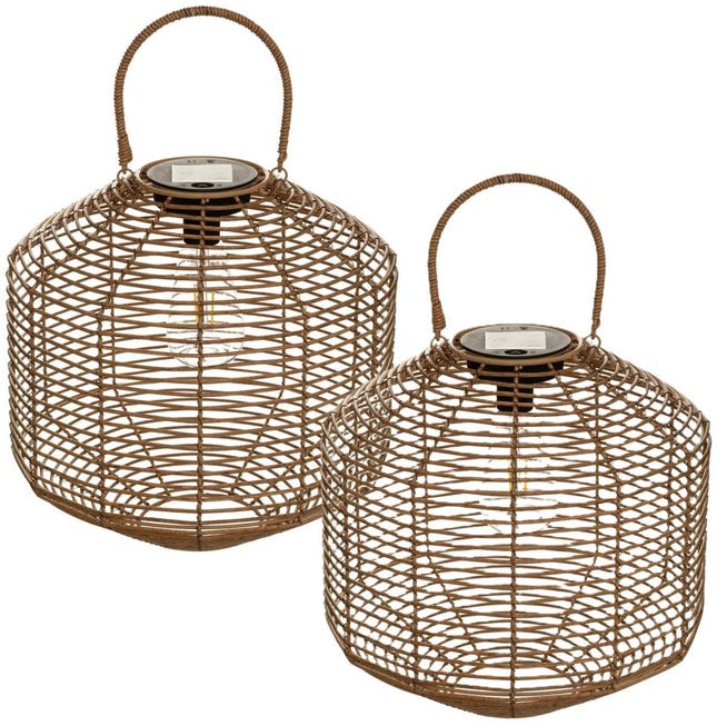 Atmosphera Solar tuin lantaarn - 2x - naturel - rotan kunststof - 30 x 30 cm - buiten - Led licht
