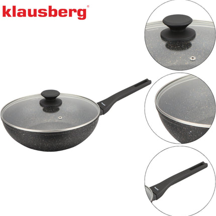 Klausberg Wokpan 28 cm met Deksel – Marble Anti-aanbaklaag – 3.9L – Inductie Geschikt – Aluminium Wok – Met Glazen Deksel – KB-7990