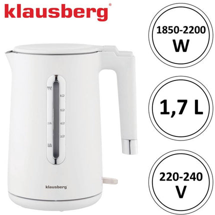 Klausberg KB-7890 Elektrische Waterkoker - 1,7L - Wit - 2200W - RVS & PP - Energiezuinig & Stil