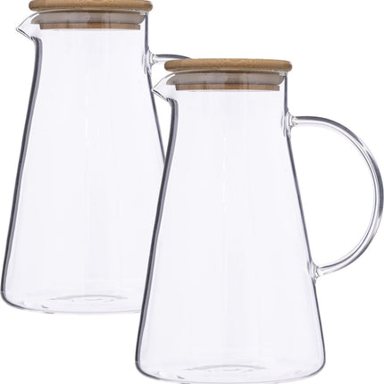 5Five Karaf/schenkkan 1,5 liter - 2x stuks - glas met bamboe houten deksel - Waterkan - Sapkan