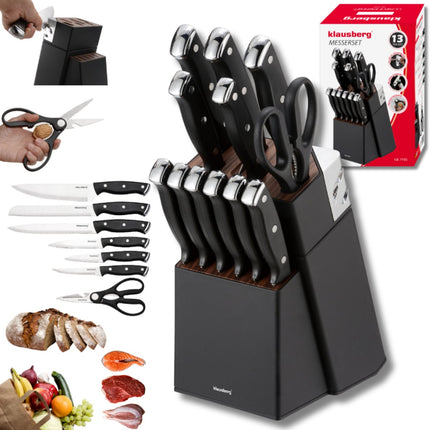 Klausberg KB-7985 13 Delig Messenset - Zwart Messenblok met Slijpstaaf - 6 Stekmessen Inclusief - Messenset met Blok - O.a. Broodmes, Koksmes, Vleesmessen en Schaar