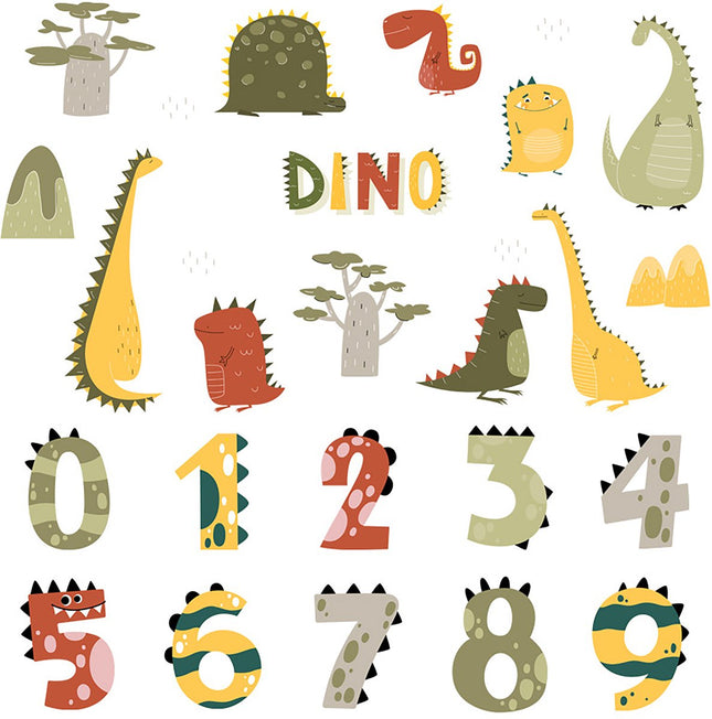 Sipo Wandsticker Cijfers en Dino's - Educatieve Muurdecoratie voor Kinderkamer - 63x63 cm - Zelfklevende Cijfersticker met Dinosaurussen