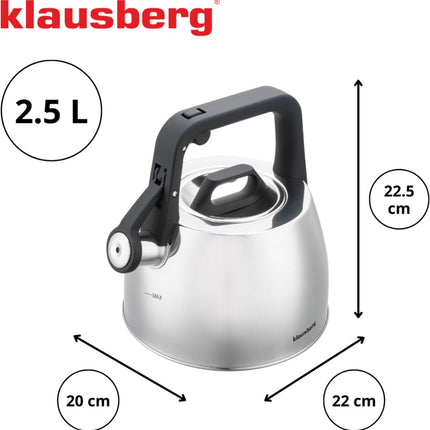Klausberg 7914 - Fluitketel met fluit - 2.5 liter - RVS - zilverkleurig