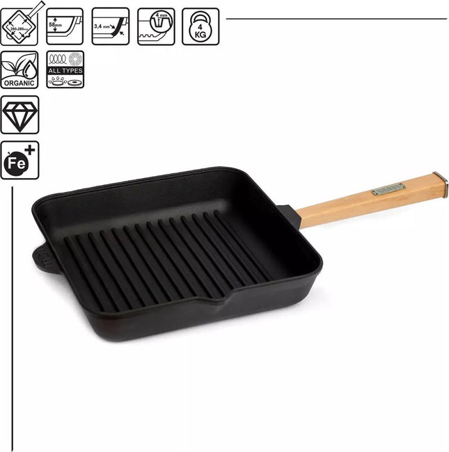 BRIZOLL Gietijzeren Grillpan Vierkant met Afneembare Handgreep - 26x26 cm - Alle warmtebronnen
