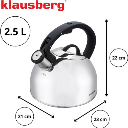 Klausberg 7910 - Fluitketel met fluit - 2.5 liter - RVS - Zilverkleurig