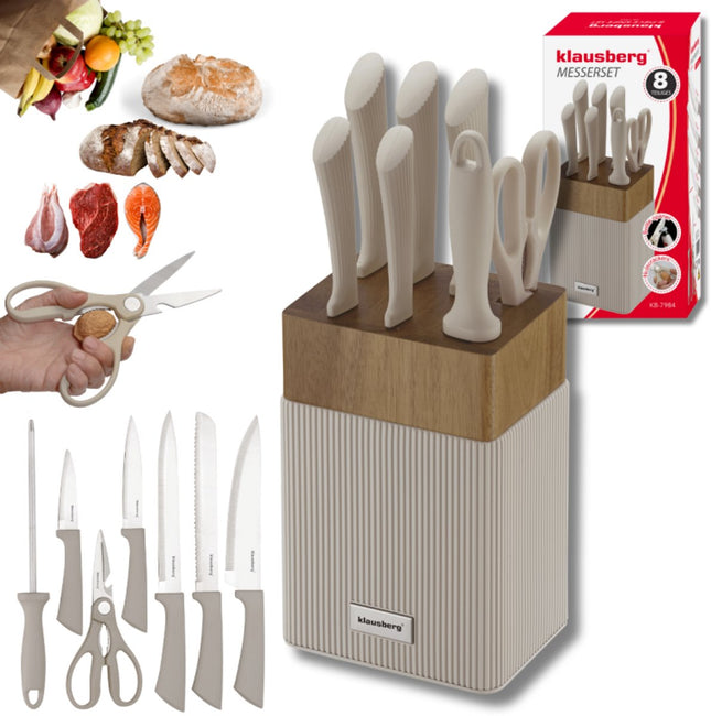Klausberg KB-7984 8 Delig Messenset - Messenblok met Acacia Hout - Roestvrij Staal Inclusief Slijpstaaf - Broodmes - Koksmes - Vleesmes -