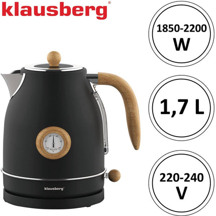 Klausberg 7907 - Retro Waterkoker - 1,7L - RVS - Zwart - met thermometer