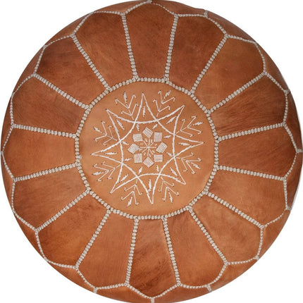 Marokkaanse Leren Poef – Handgemaakt & Gevuld Geleverd – Ø 55 cm – Bruin (Natural Tan) – Multifunctioneel als Voetenbank, Bijzettafel of Sitzak