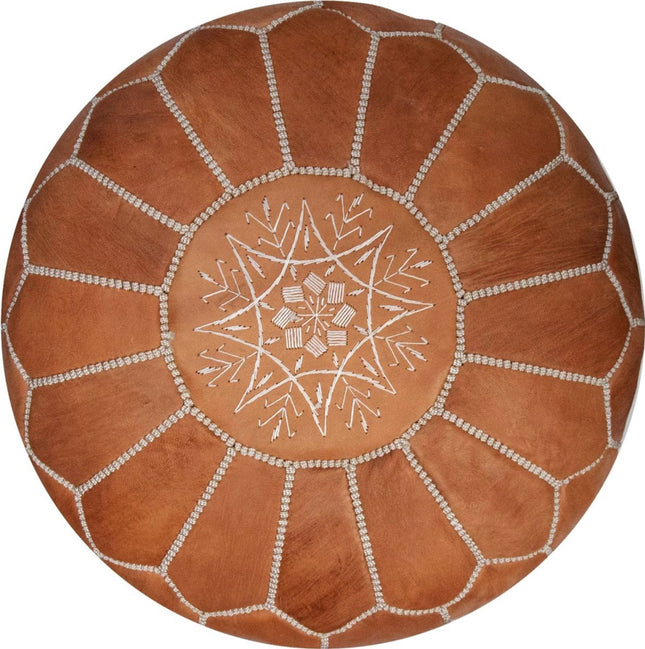 Marokkaanse Leren Poef – Handgemaakt & Gevuld Geleverd – Ø 55 cm – Bruin (Natural Tan) – Multifunctioneel als Voetenbank, Bijzettafel of Sitzak