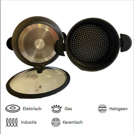 Royal Swiss Couscouspan - Couscoussier - Stoompan - 8L - Alle warmtebronnen - Aluminium stone-coated - Glazen Deksel - ZWART