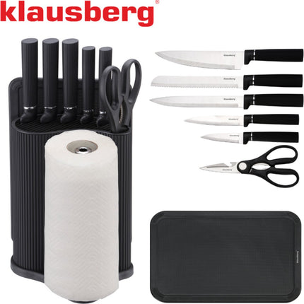 Klausberg KB-7977 8 Delig Keukenset - Messenset met Snijplank en Papierrolhouder - Zwart Roestvrij Staal - Messenblok - o.a. Koksmes, Broodmes, Snijplank, Keukenset