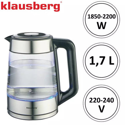 Klausberg KB7888 Elektrische Waterkoker – 1.7L, 1850-2200W, Borosilicaatglas & RVS 304, RGB LED, Temperatuurregeling - 40 tot 100 graden