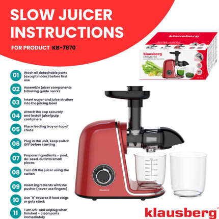 Klausberg Slowjuicer – 150W - 700ml - Groenten en Fruitpers – Met Pulpreservoir | Kersenrood | Juice Maker - Juicer met 7-Traps Perssysteem