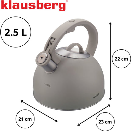 Klausberg 7912 - Fluitketel met fluit - 2.5 liter - RVS - grijs