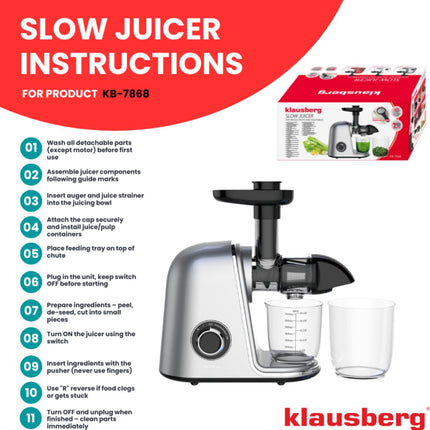 Klausberg KB-7868 Slow Juicer – 150W | Cold Press | Groenten en Fruitpers – Met Pulpreservoir | Grijs | Stille Horizontale Juicer met 7-Traps Perssysteem
