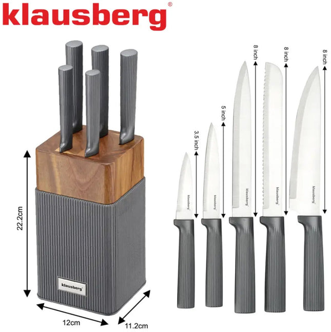 KLAUSBERG 6-Delige Messenset met blok – Acaciahouten Blok – RVS keukenmessen – Grafiet Handgrepen – KB-7982