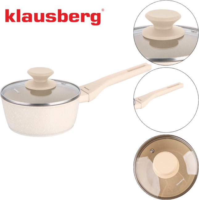 Klausberg KB-7987 Steelpan 16 cm – 1.2 Liter – Marble Anti-aanbaklaag – Inductie Geschikt – Met Glazen Deksel – Crème