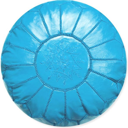 Turquoise blauw Leren Poef| Handgemaakt en uniek| 55 Ø | Mediterraans | Gevuld geleverd |