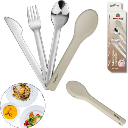 KINGHOFF 3-in-1 RVS Bestekset - Draagbaar Silliconen Etui - Inclusief Mes, Vork en Lepel - KH-1954 - Camping bestekset - Travelbestek set -